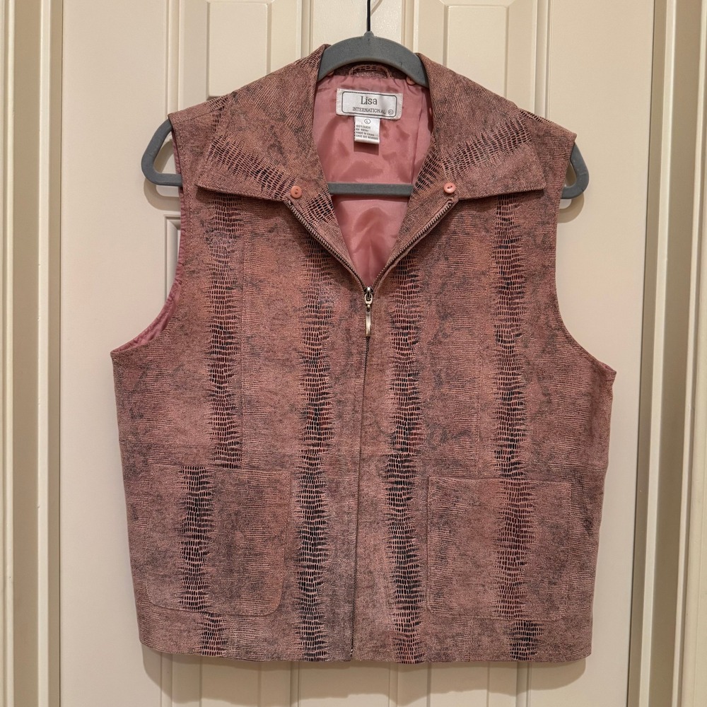 Pink Snakeskin Suede Zip Front Vest Womens Large Western Boho Leather Layering